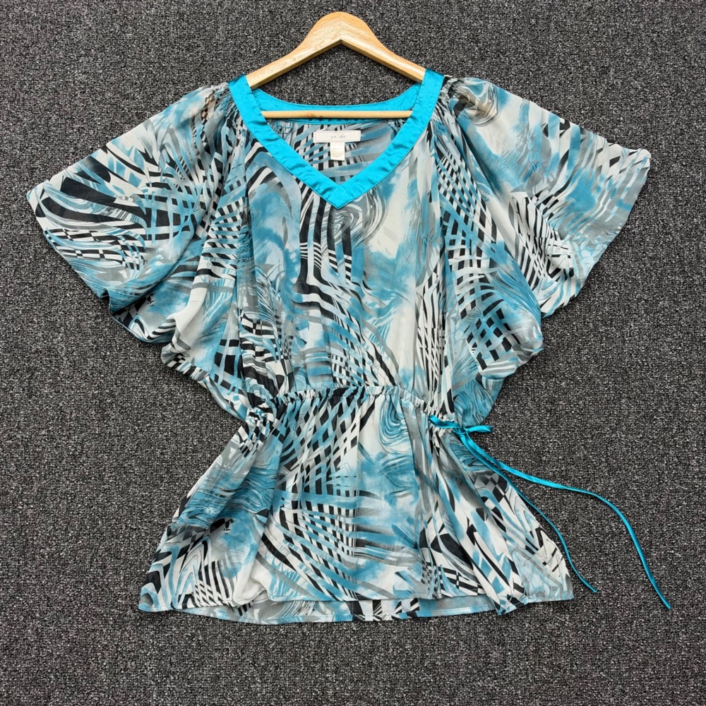 Ya-Da Abstract Butterfly Sleeve Blouse Women Small Blue y2k boho festival